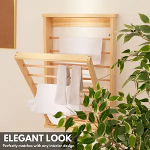 Natural Wall Mounted Wooden Clothes Drying Rack with Double side Rails - Foldable and Space-Saving Clothes Airer