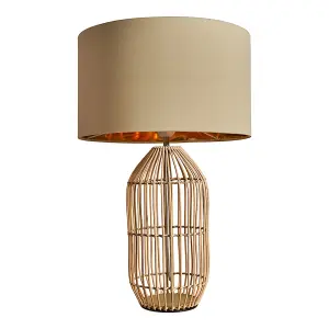 ValueLights Hollins Contemporary Large Natural Rattan Cylinder Table Lamp with Beige Gold Cylinder Shade