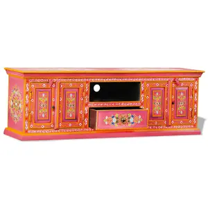 Berkfield TV Cabinet Solid Mango Wood Pink Hand Painted