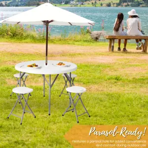 White Round Table 110 cm with Parasol Hole, Space-Saving HDPE Top, Steel Frame for Indoor / Outdoor Use, Garden Parties, BBQs