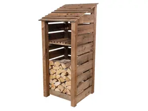 Slatted wooden log store with kindling shelf  W-79cm, H-180cm, D-88cm - brown finish