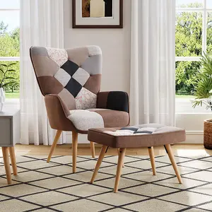 Colour Block Upholstered Armchair with Wooden Legs and Footstool