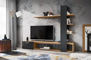 Eco Contemporary Entertainment Media Unit 1 Door Shelves Oak Wotan Effect & Black (W)1900mm (H)1520mm (D)350mm