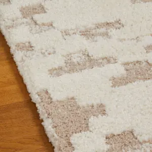 Modern Abstract Geometric Beige Ivory Easy to Clean Shaggy Rug for Living Room Bedroom & Dining Room-80cm X 150cm