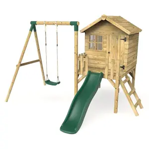 Rebo Orchard 4ft x 4ft Wooden Playhouse with Swings, 900mm Deck and 6ft Slide - Solar Green