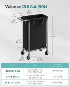 SONGMICS Single Laundry Basket on Wheels, Laundry Hamper, Removable Liner, Large Linen Storage, Ink Black