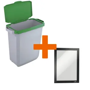 Durable DURABIN Grey Recycling Bin with Green Hinged Lid + Black Duraframe - 60L