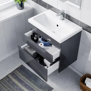 Nes Home 600mm 2 Drawers Handless Wall Hung Basin Vanity Cabinet Unit Steel Grey