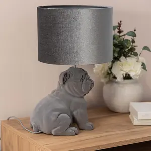 ValueLights Grey Velvet Bulldog Bedside Table Lamp with a Drum Lampshade Animal Bedroom Light