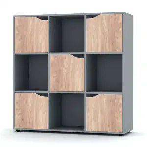 URBNLIVING 9 Cube Grey Wooden Bookcase Shelving Display Shelves Storage Unit Wood Shelf Oak Door