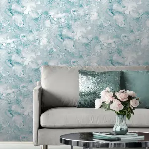 Muriva Teal Marble Metallic effect Embossed Wallpaper