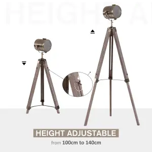 HOMCOM Industrial Tripod Floor Lamp Wood Height Adjustable Spotlight Bronze