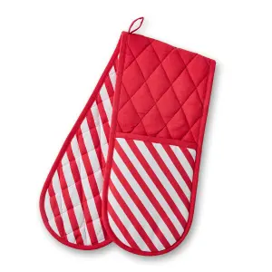 Catherine Lansfield Christmas Candy Cane Cotton Kitchen Double Oven Glove White Red