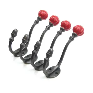 Oakcrafts - Ceramic Tipped Shabby Chic Cast Iron Coat Hook 125mm (Red) - Pack of 4 Hooks