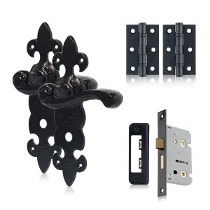 XFORT Black Antique Fleur De Lys Bathroom Handles & Bathroom Lock & Butt Hinges