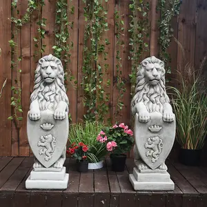 Pair of Large Garden Gateway Lion Statues with shields