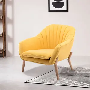 Yellow Faux Wool Upholstered Scallop Back Armchair with Wooden Legs