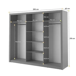 Lux II Modern Mirrored Sliding Door Wardrobe (H2150mm W2500mm D600mm) - Grey Matt