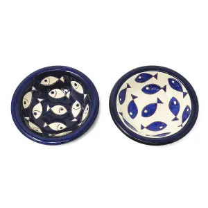 Signature Blue & White Fish Hand Painted Ceramic Set of 2 Mixed Tapas Bowls (Diam) 12cm