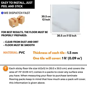 Self-Adhesive Vinyl Floor Tiles - 30 Pack for 30 ft² (2.79 m²) Coverage - Peel & Stick Vinyl Floor Tiles - White Marble Effect