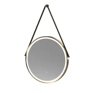 Round LED Illuminated Touch Sensor Framed Mirror with Demister & Strap, 600mm - Brushed Brass/Brown