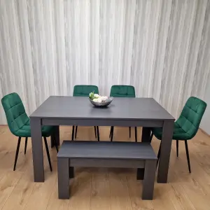 Grey Dining Table and 4 Green Velvet Tufted Chairs with 1 Bench