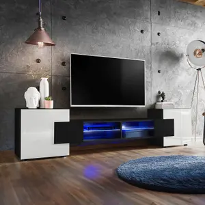 Bridge Wide TV Unit with Storage & Led Lighting - White Gloss / Black Matt