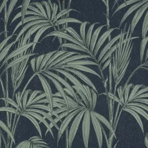 Julien MacDonald Honolulu Green & navy Glitter effect Leaves Smooth Wallpaper