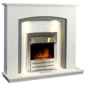 Adam Savanna Fireplace in Pure White & Grey with Downlights & Colorado Electric Fire in Brushed steel, 48 Inch