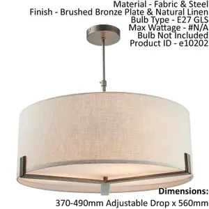 Ceiling Pendant Light Brushed Bronze Plate & Natural Linen 3 x 40W E27