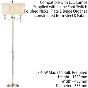 Luxury Classic Twin Arm Feature Floor Lamp Polished Nickel & Beige Organza Shade