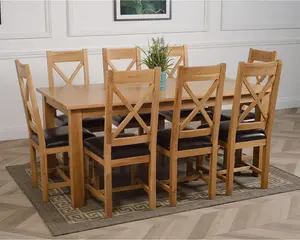 Oslo 180 x 90 cm Large Oak Dining Table and 8 Chairs Dining Set with Berkeley Brown Leather Chairs