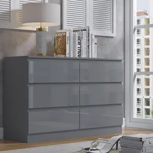 Grey Gloss Chest Of 6 Drawers Scratch Resistant Bedroom Furniture