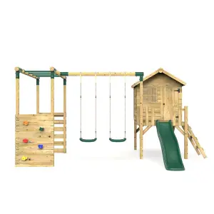 Rebo Orchard 4ft Wooden Children's Playhouse, Swings, Monkey Bars, Deck & 6ft Slide - Double Swing - Venus Green