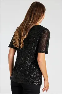 Bonmarche Black Half Sleeve Sequin Top, Size: 10