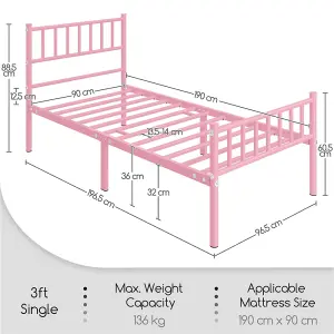 Yaheetech Pink 3ft Single Metal Bed Frame with Slatted Headboard and Footboard