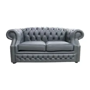 Chesterfield 2 Seater Vele Charcoal Grey Leather Sofa In Buckingham Style