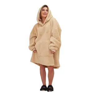 Brentfords Teddy Fleece Hoodie Blanket Oversized Sweatshirt, Beige - Adults