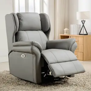 Electric Powered Recliner Chair With Wingback Design And USB Charger Port In Grey Bonded Leather