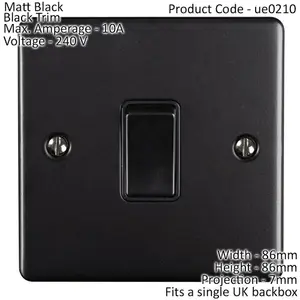 1 Gang Single Light Switch MATT BLACK 2 Way 10A Black Trim & Metal Rocker