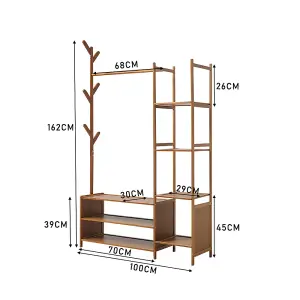 Bamboo Clothes Rail Clothing Hanging Stand Garment Rack with 2 Open Shoe Rack and 4 Shelves