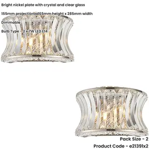 2 PACK Glass Dimmable Wall Light - Concave Effect Clear Crystals - Polished Nickel Edge