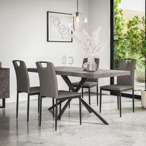 Donni Dining Table And Chairs -  Concrete Effect Table Top w Black Legs + Monza Faux Leather Dining Chair Set Of 4 (Grey)