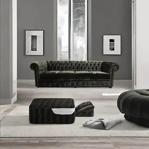 Chesterfield 4 Seater Sofa Settee Senso Ebony Black Velvet Fabric In Classic Style