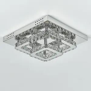 Modern 2-Tiers Square Crystal LED Flush Ceiling Light Fixture Chandelier 40cmx 40cm, Cool White