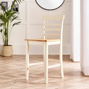 Furniturebox UK Rye Cream Painted Solid Wood Bar Table With Oak Colouur Top and 2x Matching Bar Chairs Dining Set