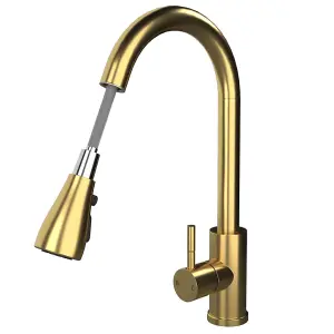 Liquida KPO11BR Single Lever Pull Out Mono Brushed Brass Kitchen Mixer Tap