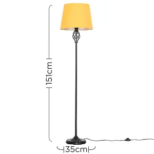 ValueLights Memphis Traditional Style Black Barley Twist Floor Lamp with Mustard Light Shade