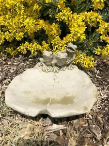 Frogs on Lily Stone Bird Feeder Bath Statue Outdoor Garden Ornament British Made Sculpture