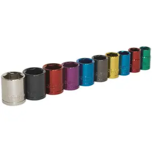 10 PACK Multi Colour Socket Set 3/8" Metric Square Drive - 6 Pt WallDrive Torque